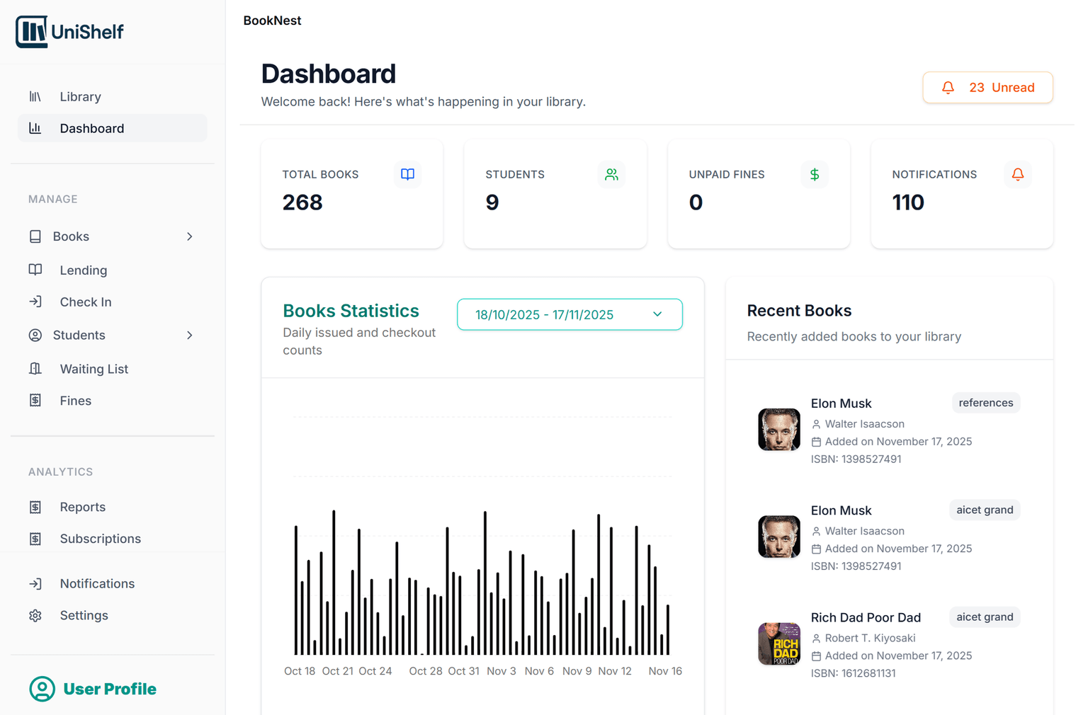 UniShelf library management system dashboard image showing book management interface