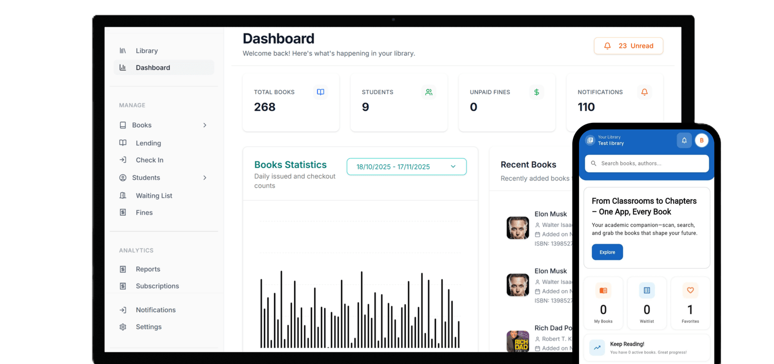 UniShelf library management system dashboard mockup showing book management interface